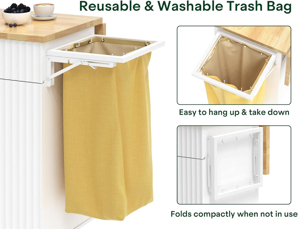 43.3" x 29.5" Kitchen Island with Drop Leaf, Rolling Kitchen Island on Wheels with Removable Trash Bag, Kitchen Island Cart with Storage Cabinet, Drawers & Spice Rack, White