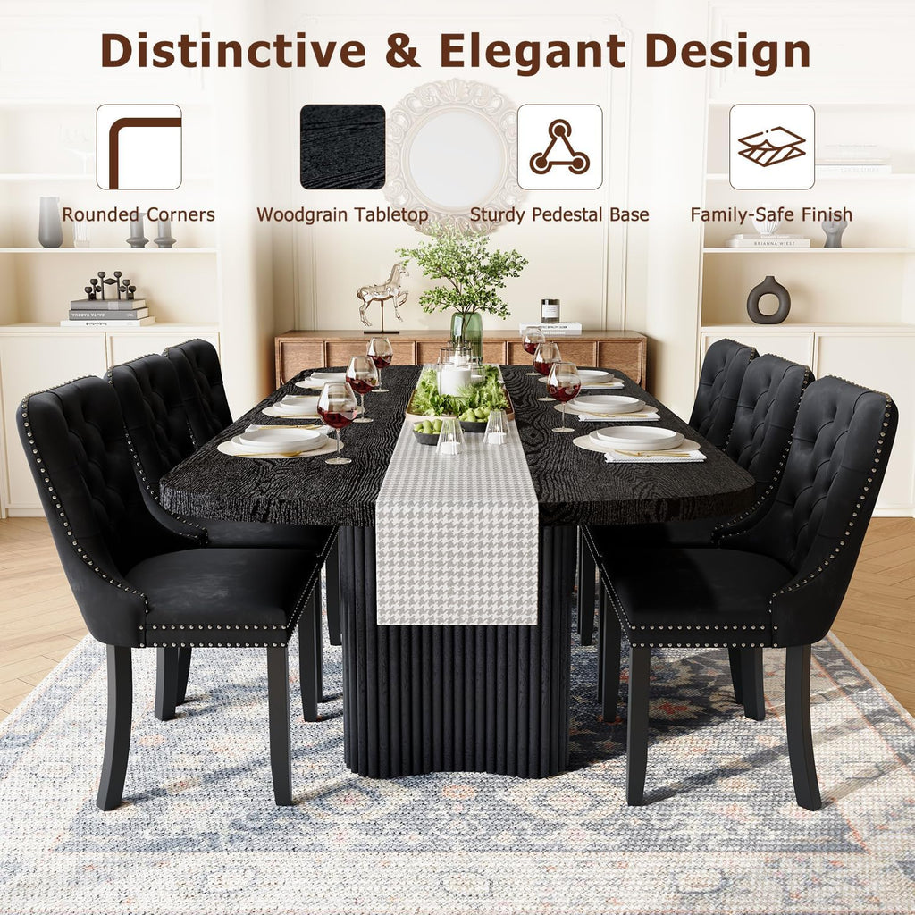 Dining Table Set for 8, 79'' Large Modern Rectangular Dining Room Table with 8 Velvet Chairs, Black Wood Finish, Reinforced Pedestal Base & Thick Tabletop, Stable Design for Home Dining