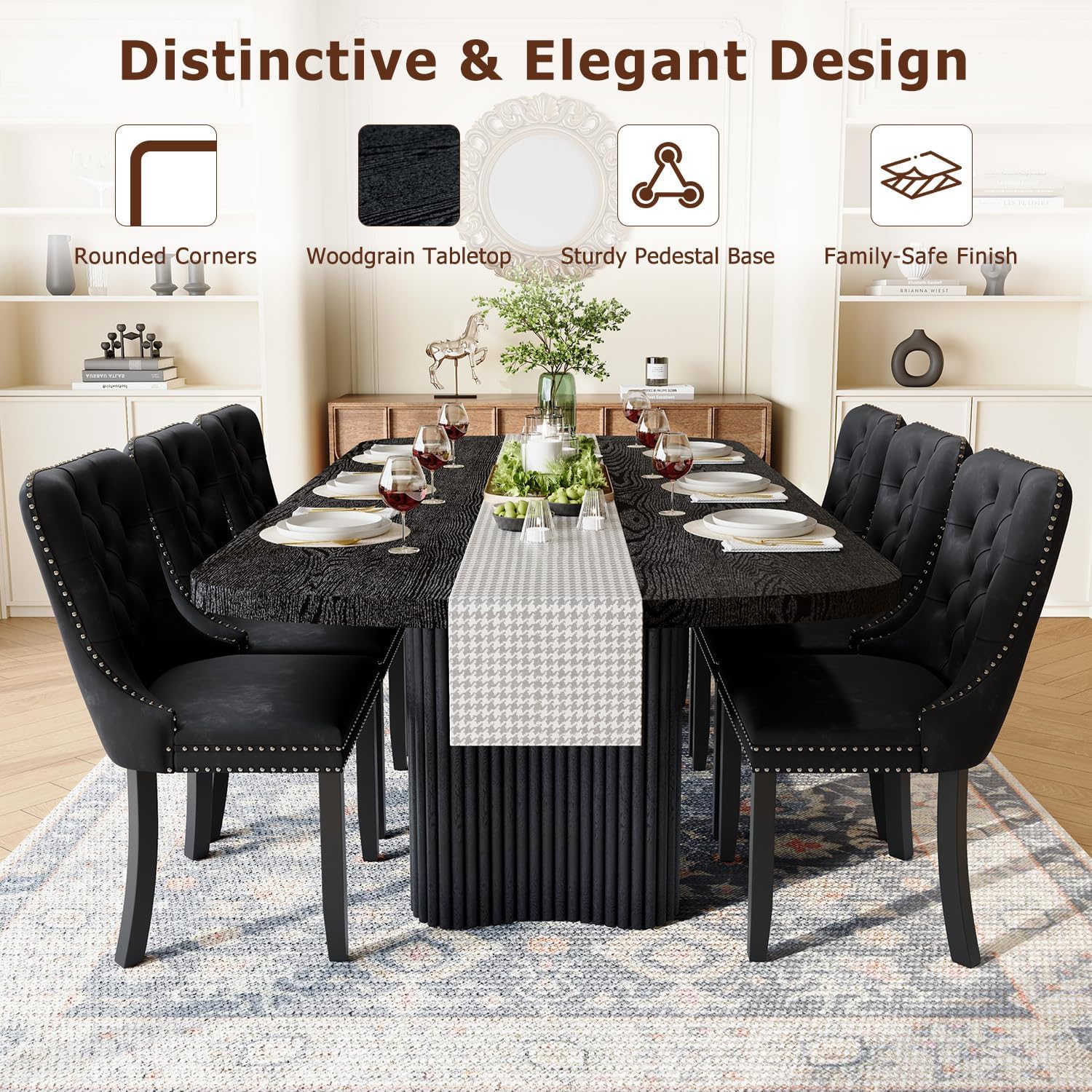 Dining Table Set for 10, 79'' Large Modern Rectangular Dining Room Table with 10 Velvet Chairs, Black Wood Finish, Reinforced Pedestal Base & Thick Tabletop, Stable Design for Home Dining
