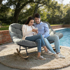 Double Papasan Rocking Chair, Oversized Outdoor & Indoor Loveseat with Thick Cushion, Heavy-Duty Steel Frame, 660 lbs Capacity, Egg Rocking Chair for Porch, Patio, Garden, Living Room (Gray)