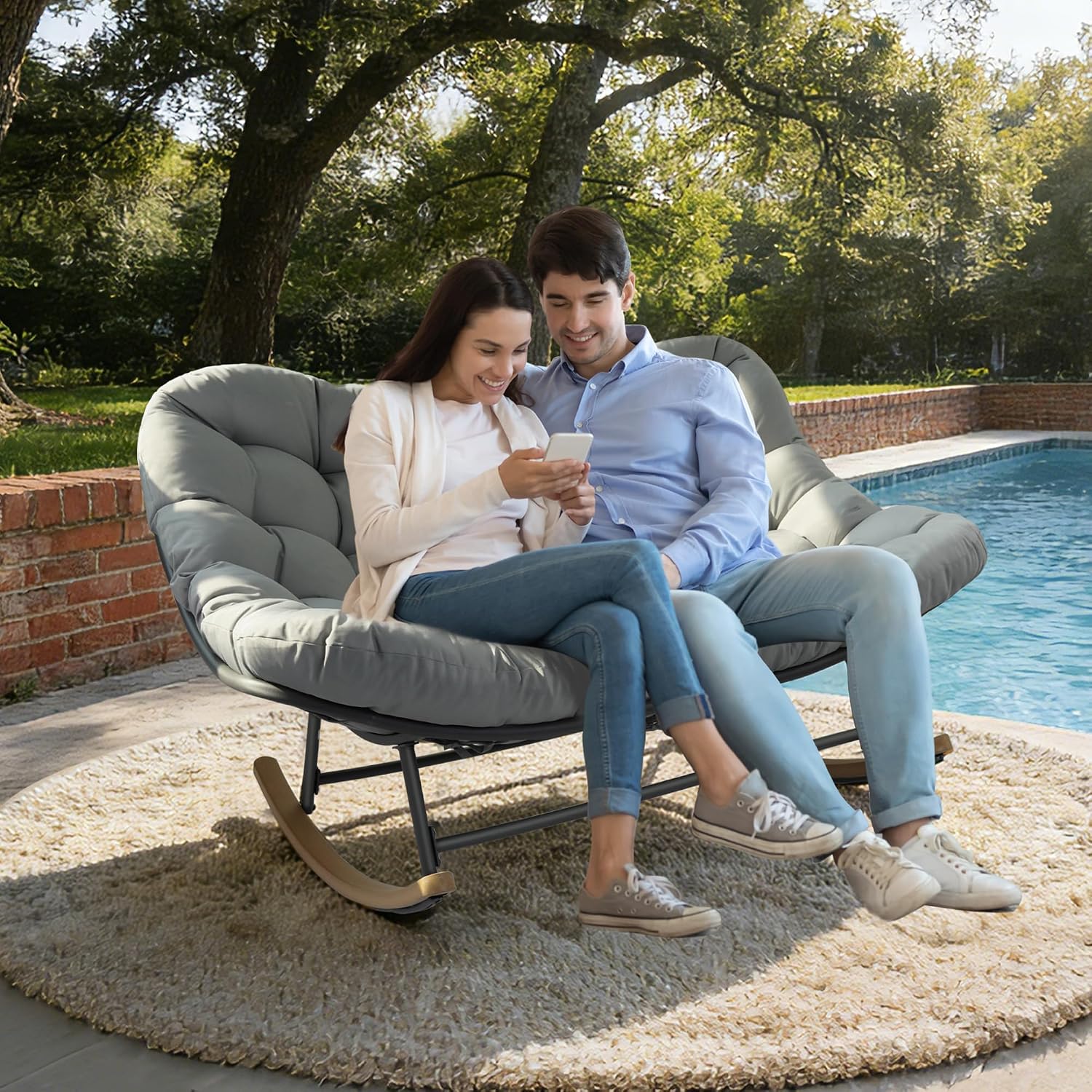 Double Papasan Rocking Chair, Oversized Outdoor & Indoor Loveseat with Thick Cushion, Heavy-Duty Steel Frame, 660 lbs Capacity, Egg Rocking Chair for Porch, Patio, Garden, Living Room (Gray)