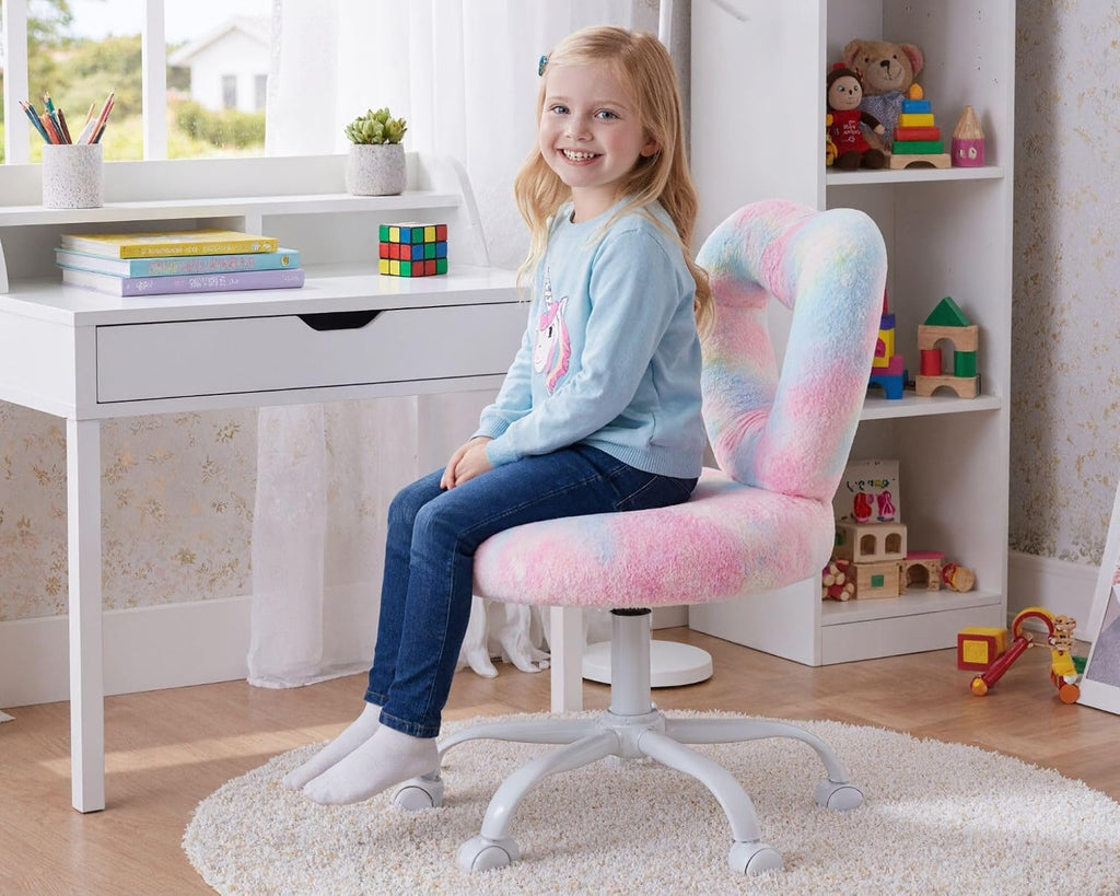 HNY Kids Desk Chair with Wheels, Cute Furry Vanity Chair with Hollowed Heart-Shape Back Adjustable Rolling Computer Study Task Chair for Girls, Fluffy Faux Fur Kids Swivel Chair for Bedroom, Colorful