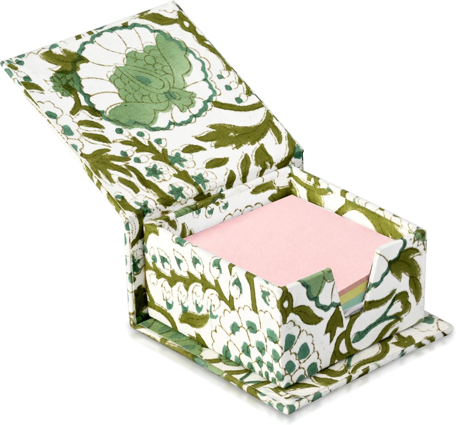 CPC Agate Green Block Print Cotton Desk Organizer Sticky Note Holder, 4'' X 4'' X 2'' Cute, Aesthetic, Decor Accessories, Workspace Organizers, Caddy Storage, Gift for Office, Professionals, Student