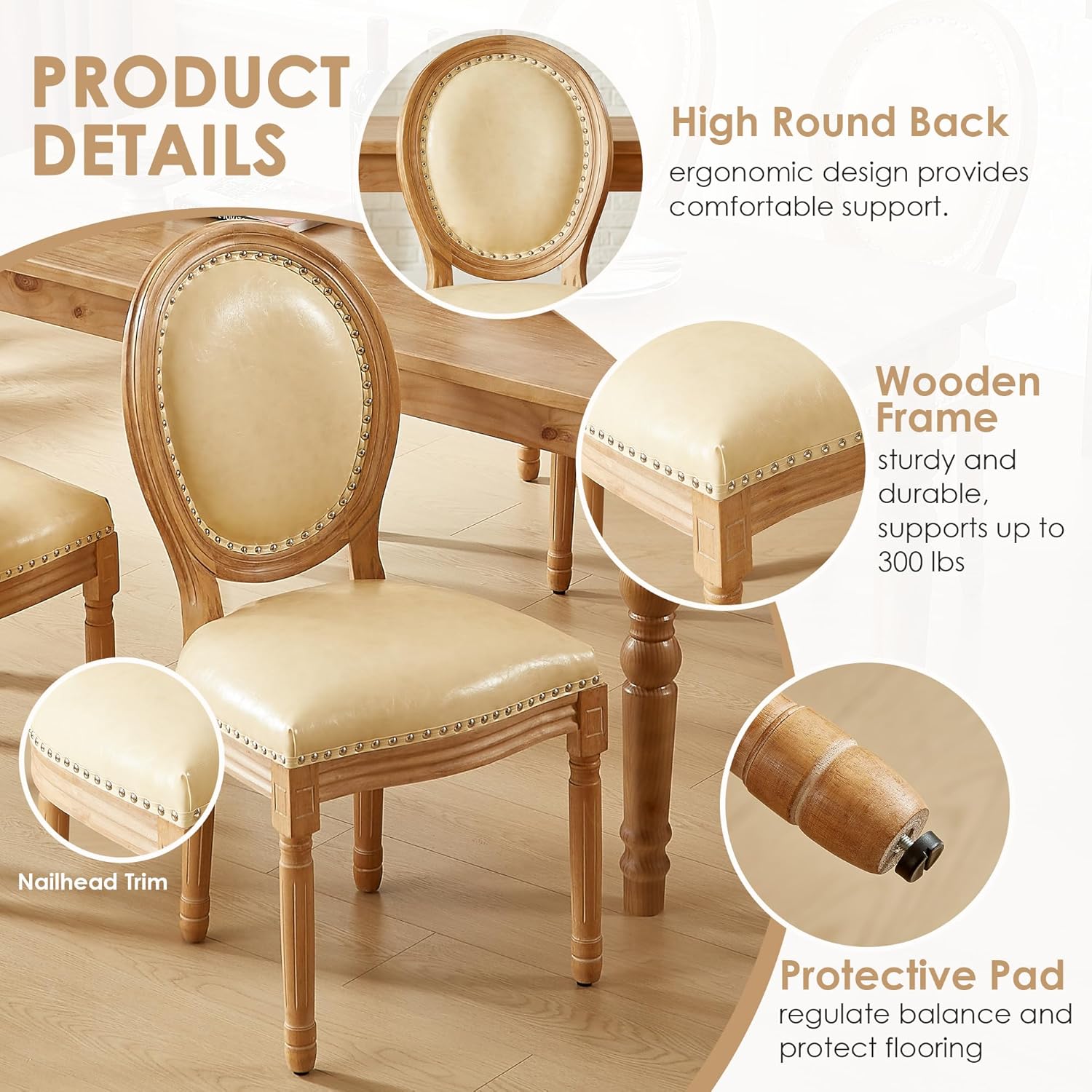 Leather Dining Chairs Set of 6 French Country Dining Chairs with Round Back, Farmhouse Upholstered Dining Accent Chairs with Nailhead Trim, Mid Century Modern (Beige)