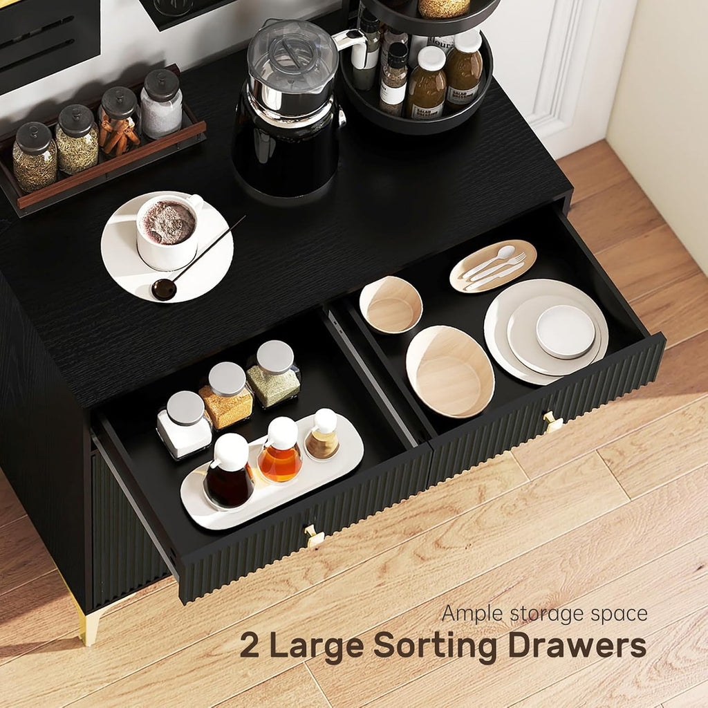 Black Sideboard Buffet Cabinet with Adjustable Shelves, Modern Storage Cabinet with Drawers and Doors, Sleek Buffet for Dining Room, Living Room, Entryway, 39.4 Inch