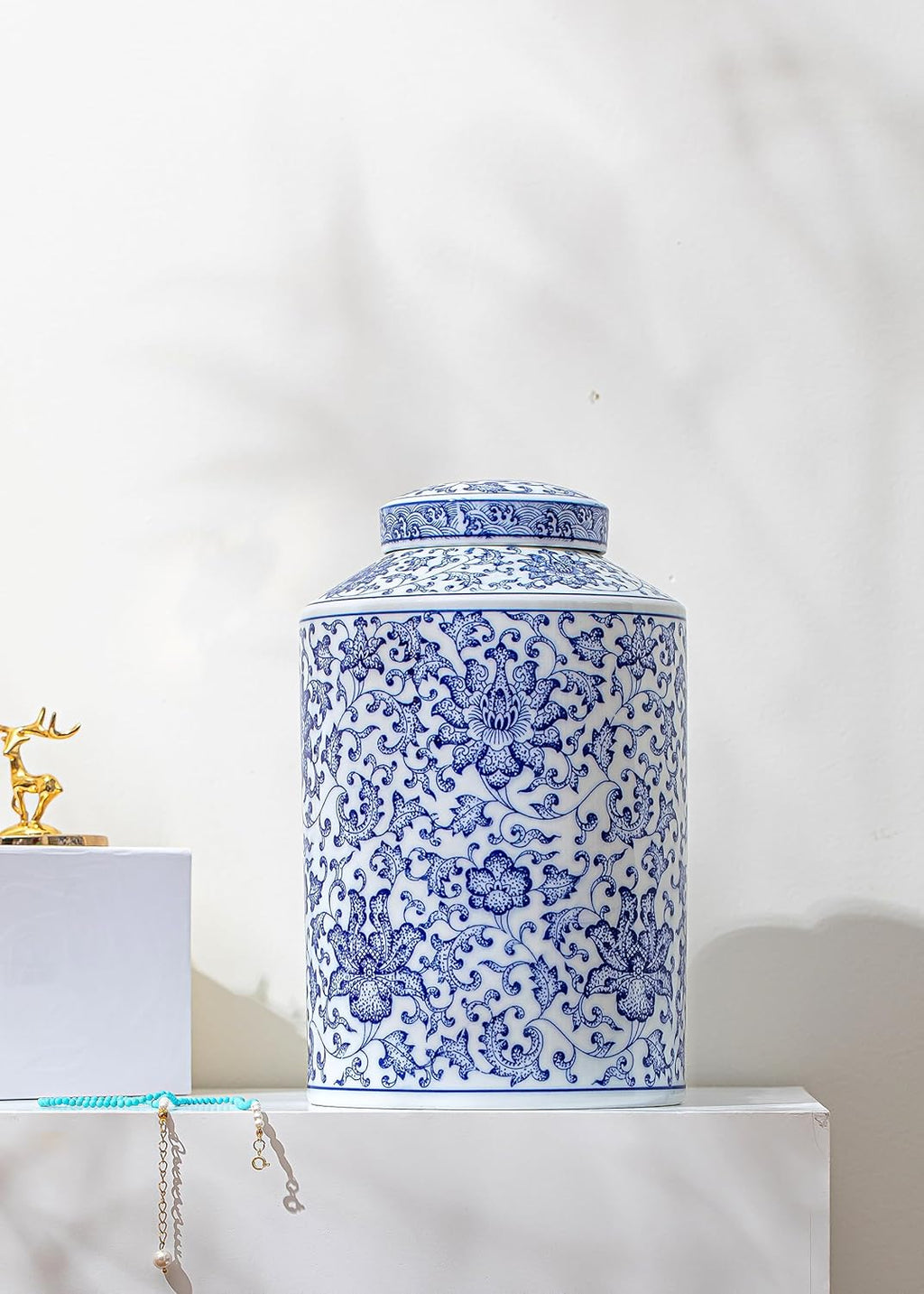 Blue and White Ginger Jar, Ceramic Chinoiserie Decorative Jars for Home, Office, Flower Vase Pocelain, Glossy Vase for Table, Living Room, Bookshelf, Mantle Fireplace, Centerpieces 11"