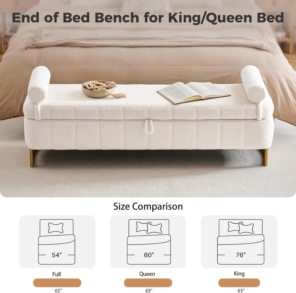 End of Bed Bench with Storage, 63" Storage Bench for Bedroom King Size Bed, Storage Ottoman Bench with Golden Metal Legs, Bedroom Benches for Entryway Hallway, Teddy Cream White
