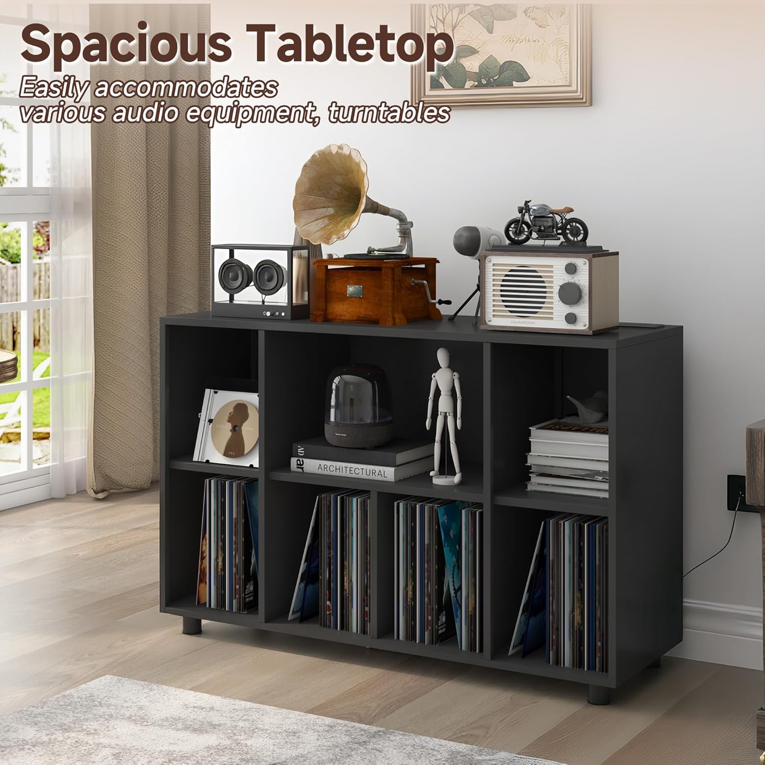 Record Player Stand with Charging Station, Black | Vinyl Record Storage Cabinet, Holds Up to 500+ Albums, Turntable Stand with Large Tabletop for Living Room Music Room Studio