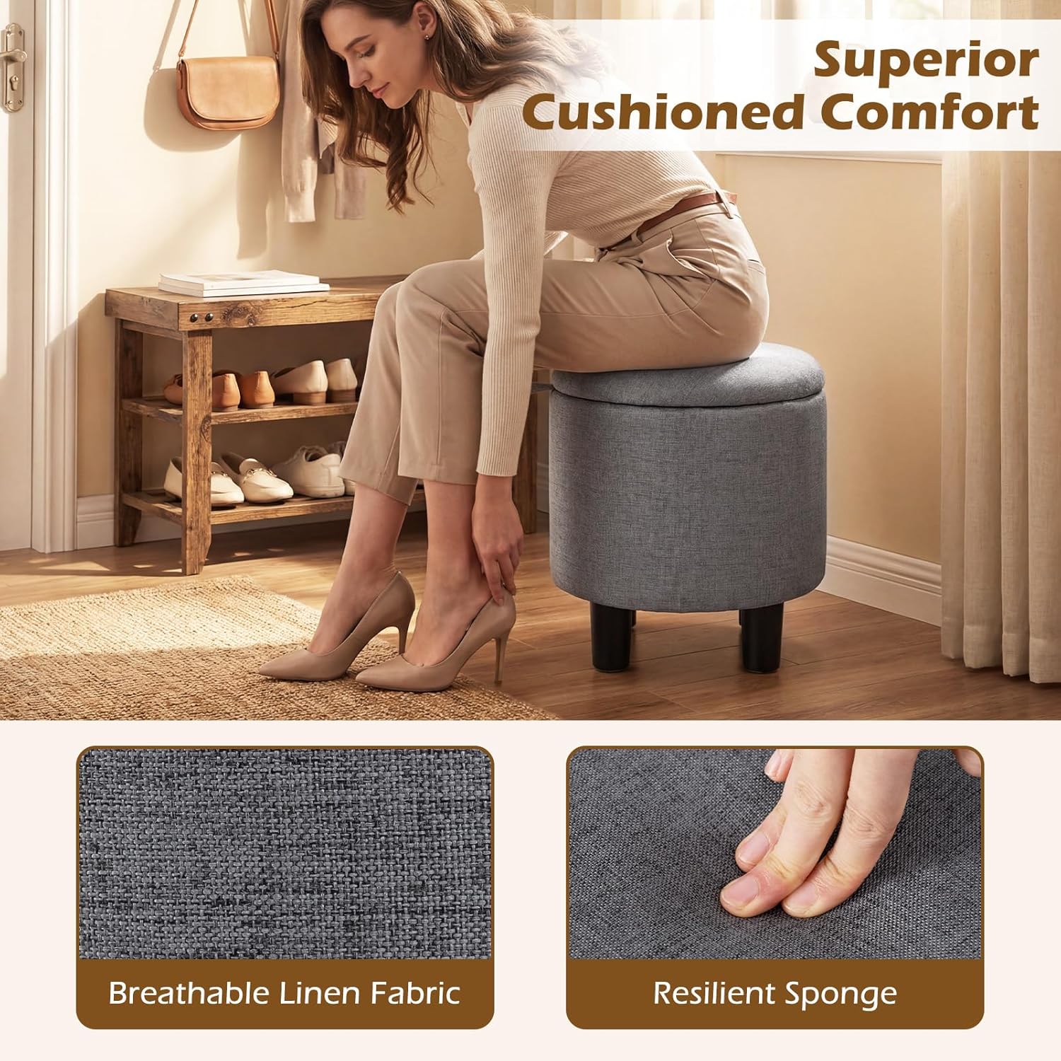 Giantex Round Storage Ottoman, Linen Fabric Upholstered Ottoman Foot Rest with Removable Lid, Small Ottoman Foot Stool for Bedroom Living Room (Gray)