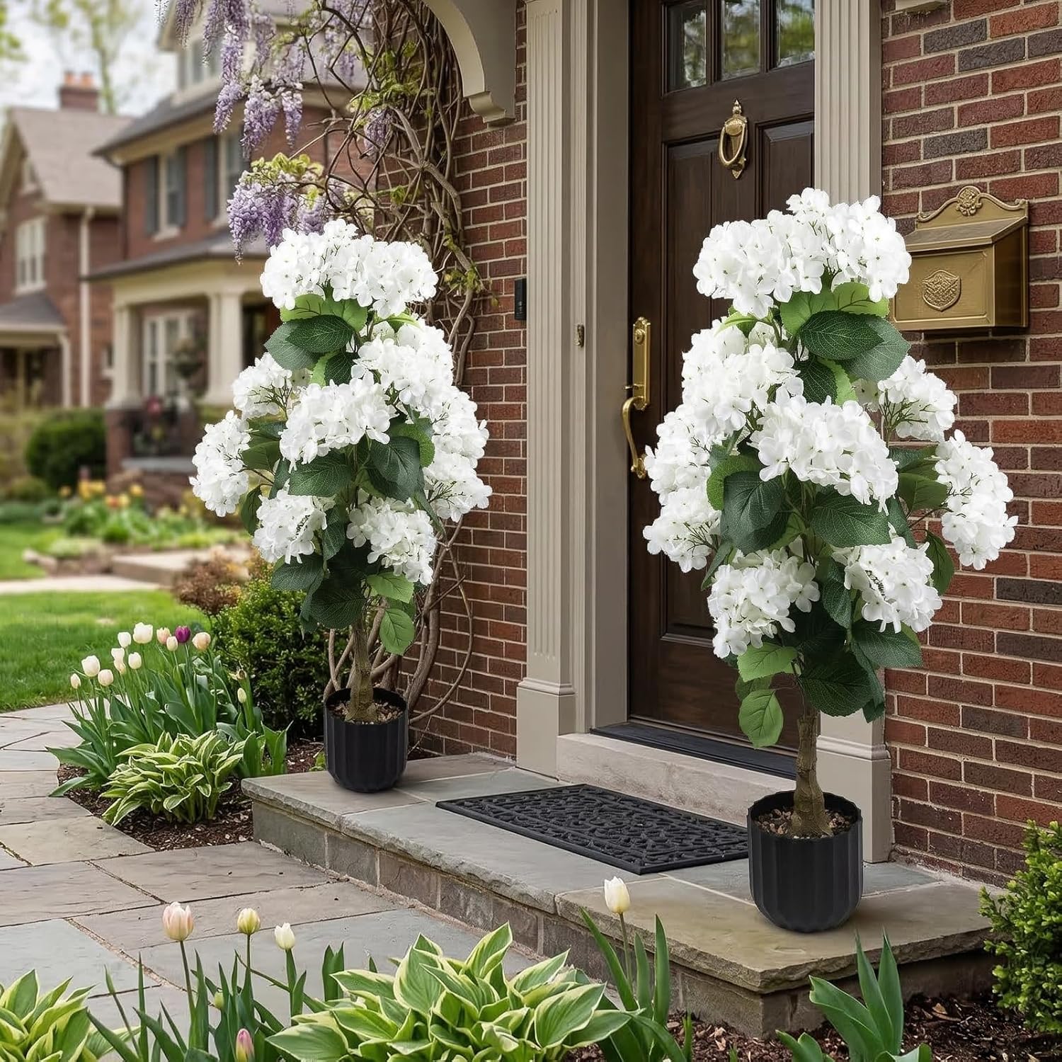 2 Pcs 3 Ft Artificial Hydrangea Trees Potted, UV Resistant Faux Silk Hydrangea Plant in Pot for Indoor Outdoor Decoration, Hydrangea Topiary for Garden Office Home Porch Patio Decor (2, White)