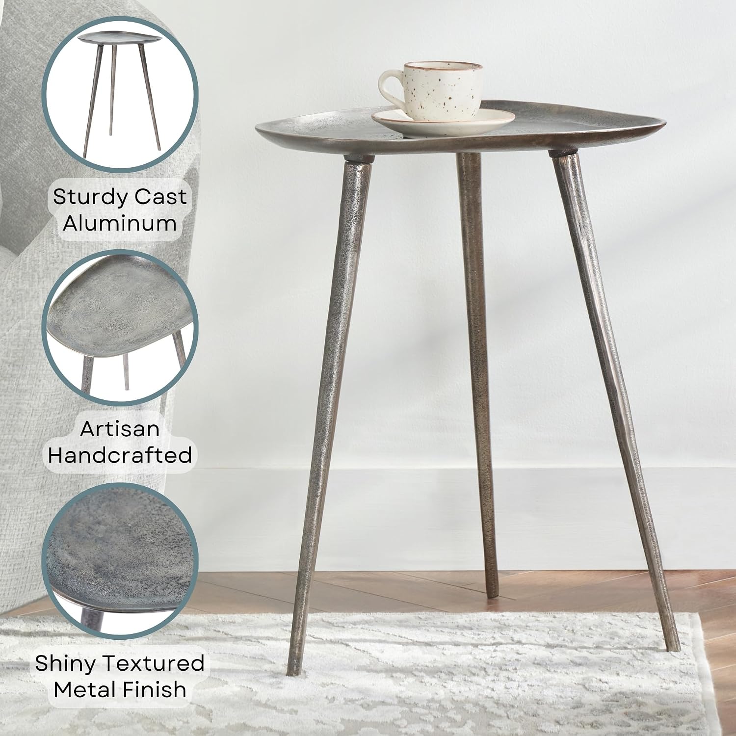 Convenience Concepts Bali Metal Tall End Table 16" - Tall Modern Artisan Handcrafted Living Room Table, Unique Cast Metal Family Room Side Table, Bohemian Cocktail Style, Antique Silver