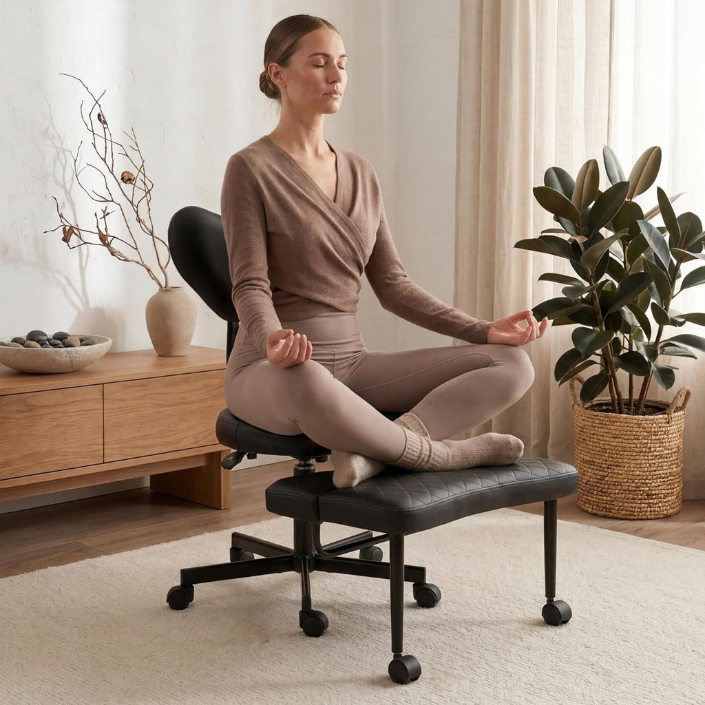 Ergonomic Cross Legged Office Chair with Foot Rest for Kneeling Seating - Crisscross Desk Chair with Wheels for ADHD to Sit Cross Legged - Multi-Position Adjustable Seat with Back Support for Women