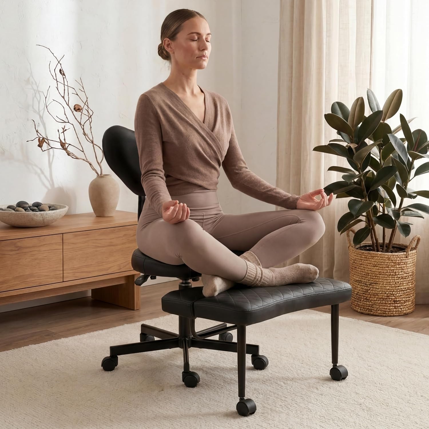 Ergonomic Cross Legged Office Chair with Foot Rest for Kneeling Seating - Crisscross Desk Chair with Wheels for ADHD to Sit Cross Legged - Multi-Position Adjustable Seat with Back Support for Women