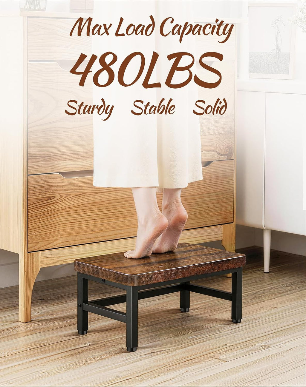 PARTPHONER Wooden Step Stool for Adults & Kids, 480-LBS Heavy Duty with Non-Slip Rubber Feet & Suction Cup Pads, Bed Stool for High Beds, Ideal for Bedroom, Living Room, Bathroom, Kitchen,Rustic Brown