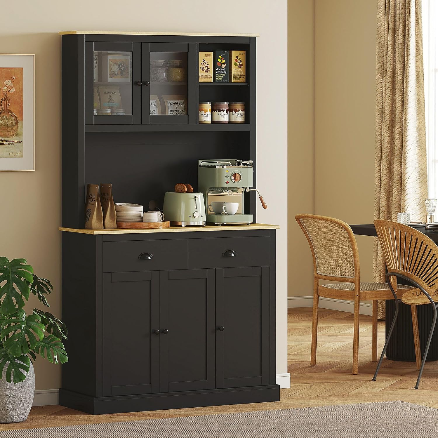 71in Freestanding Pantry Storage Cabinet with Comprehensive Wide Countertop Application, Adjustable Shelves Modification, Black Rich Finish