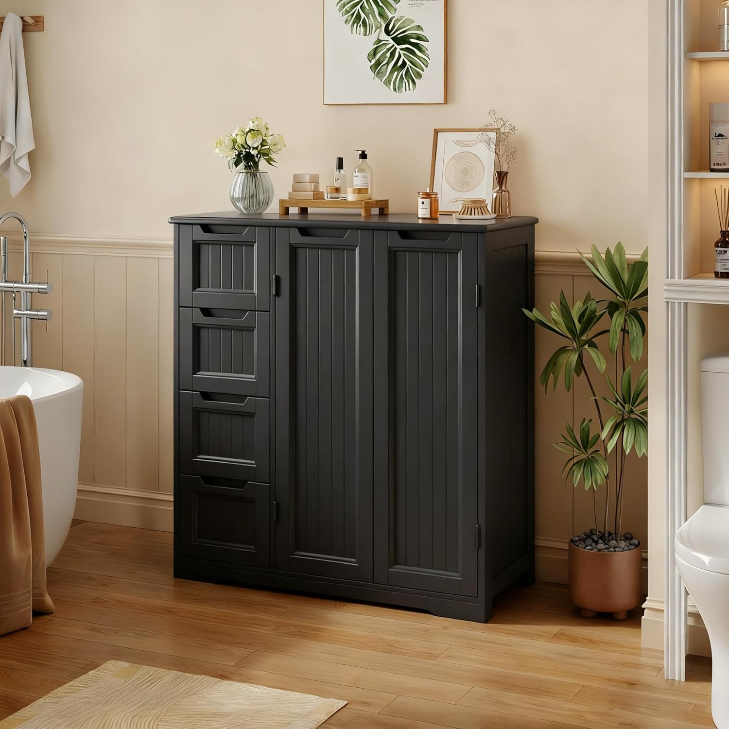 Gizoon Wooden Bathroom Floor Cabinet, Side Storage Organizer Cabinet with 4 Drawers & Double Doors, Freestanding Entryway Storage Unit Console Table, Bathroom Living Room Dining Kitchen, Black