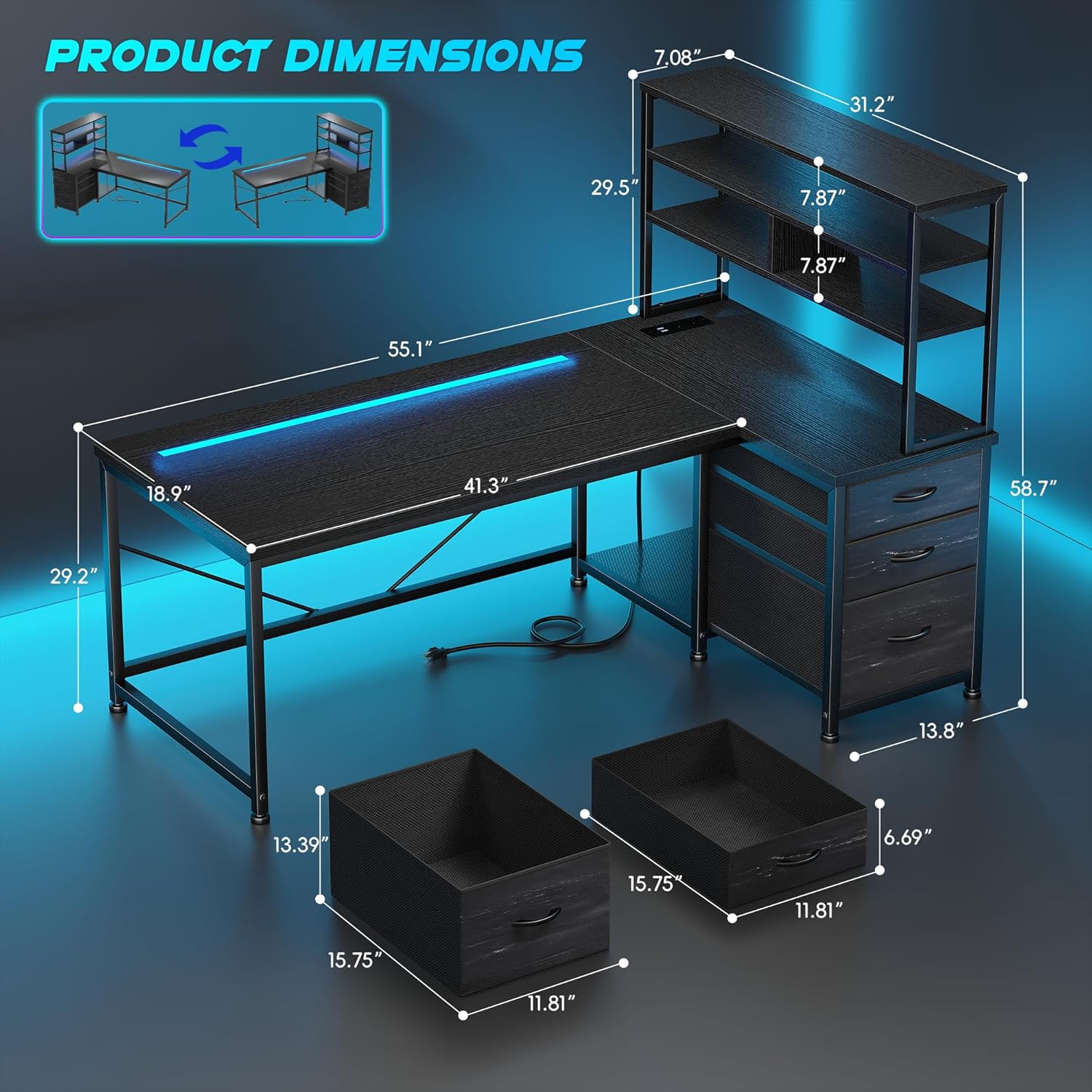 55''Gaming Desk L Shaped Desk with 3 Fabric Drawers & Shelves, Reversible Computer Desk with Remote LED Lights, Power Outlet and PC Stand of Home Office Desk for Bedroom,Dorm,Gaming Room,Black