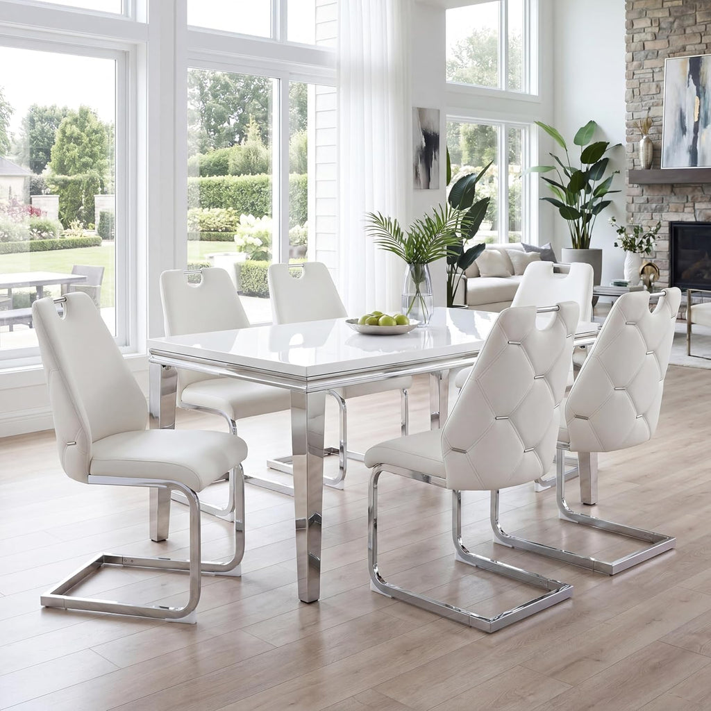 Dining Room Chairs Set of 6, Sillas para Comedor, Modern Dining Chairs Set of 6 with Leather,Geometric Tufted Back,Chrome Leg,Ergonomic Design,Easy to Clean,for Kitchen,Living Room(White,6)