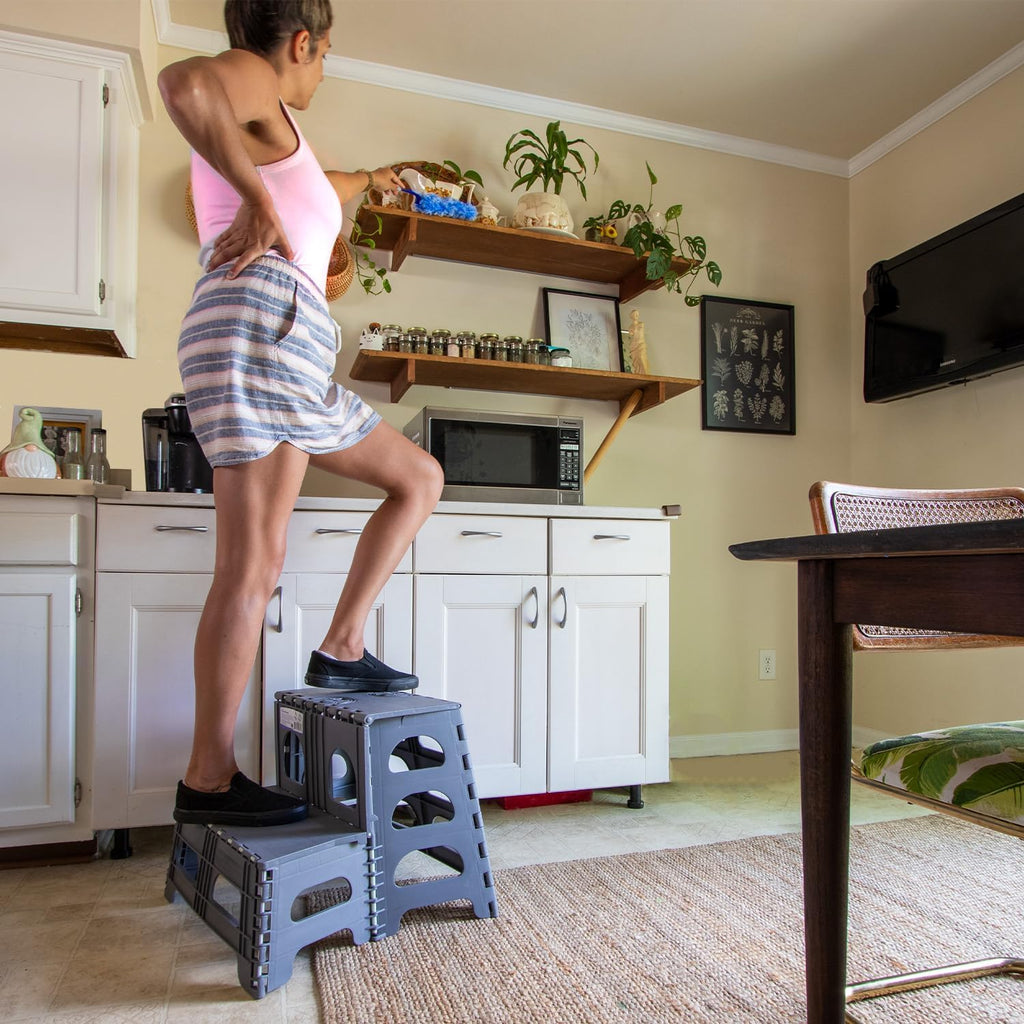 Bee Neat Folding 2 Step Stool for Adults, Kids, Toddlers - Collapsible & Foldable Step Ladder for Kitchen, Bathroom or Bedroom - Non-Slip & Wide Stepping Stool Supports 200lbs - Gray