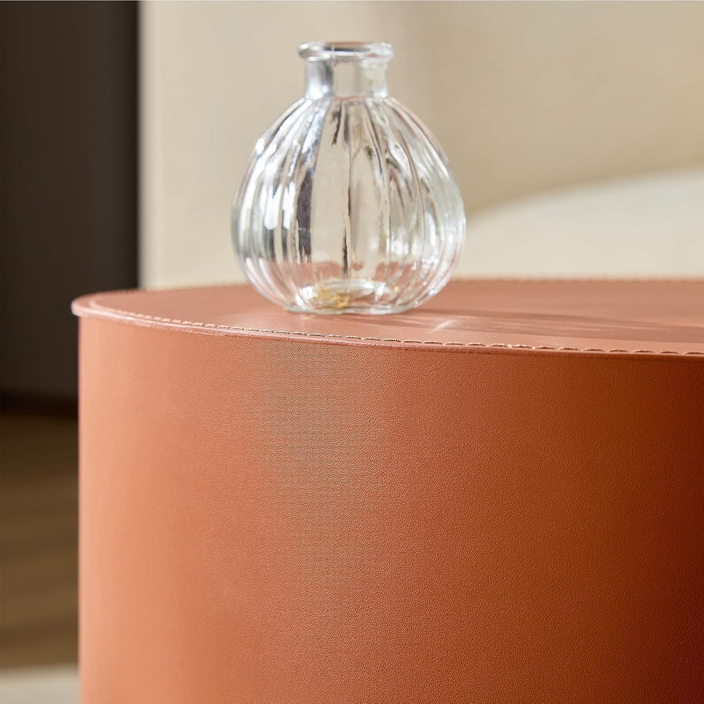 Modern Round Side Table Set of 2, MDF Core with Saddle Leather Upholstery, Cylinder Accent End Tables for Bedroom, Living Room, Apartment, Lounge, Bedside Decor, Coffee Table Use (Orange)