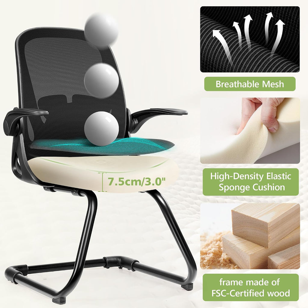 Primy Waiting Room Chairs with Flip Up Arms and Adjustable Lumbar Support, Office Guest Chairs & Reception Chairs for Conference Room, Breathable Mesh Black Desk Chair No Wheels for Guest and Elderly