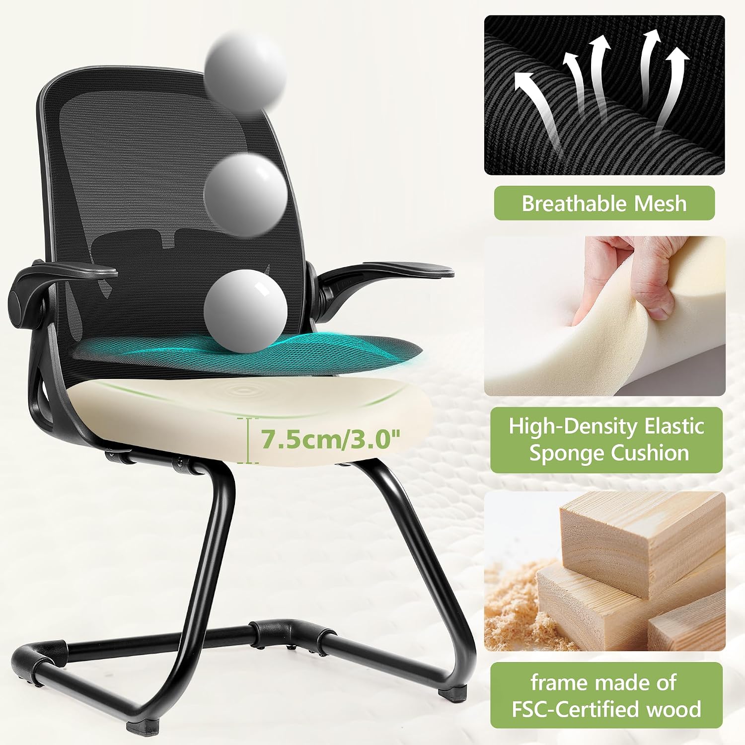 Primy Waiting Room Chairs with Flip Up Arms and Adjustable Lumbar Support, Office Guest Chairs & Reception Chairs for Conference Room, Breathable Mesh Black Desk Chair No Wheels for Guest and Elderly