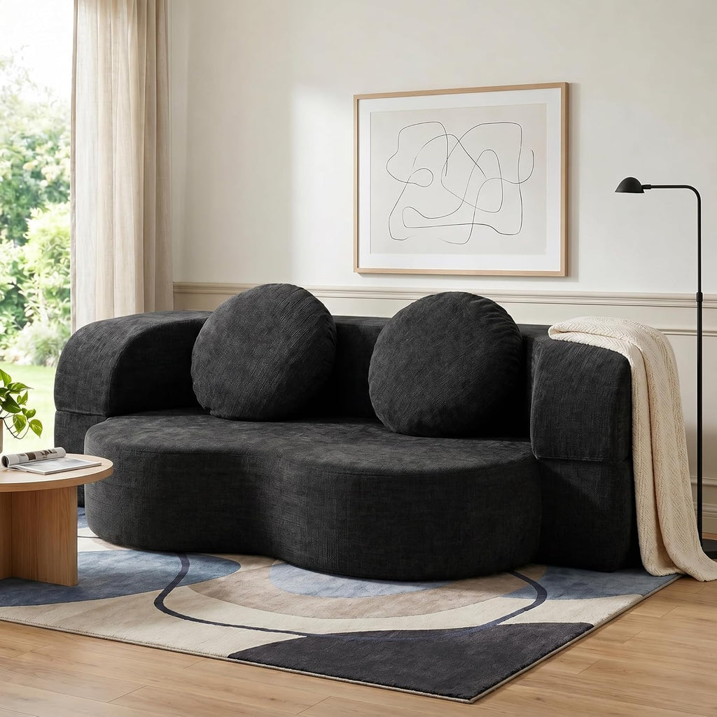 Vongrasig Convertible Sofa Bed, 77” Folding Boneless Couch, Floor Sofa 2-in-1 Curved Couch for Small Living Room, Apartment, Guest Room, Black