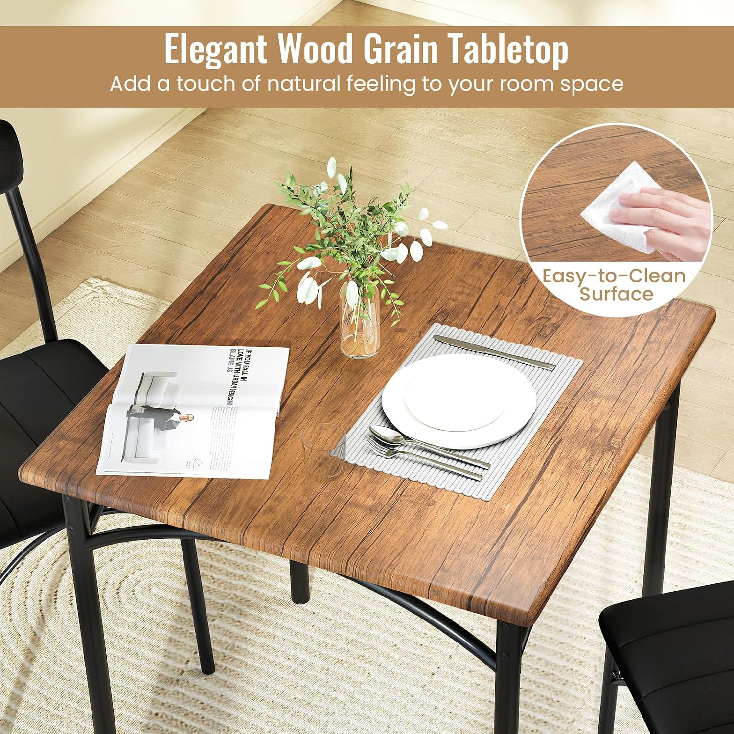 Giantex 3-Piece Dining Table Set, Square Kitchen Table with 2 Upholstered Armless Chairs, Padded Backrest, Metal Frame, Space-Saving Dinette Set for Small Spaces, Living Room, Dining Room