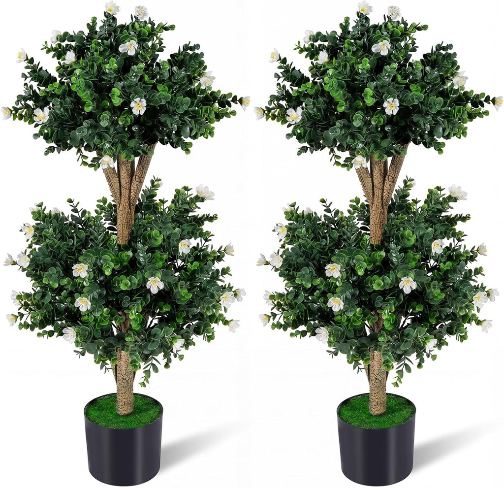Goplus 3 FT Artificial Double Ball Boxwood Topiary Trees, Set of 2 Faux Bush Plant w/41 Blossoms, Cement-Filled Plastic Pot, Sun-Proof Indoor Outdoor Fake Greenery for Porch Home Decoration (White)