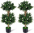 Goplus 3 FT Artificial Double Ball Boxwood Topiary Trees, Set of 2 Faux Bush Plant w/41 Blossoms, Cement-Filled Plastic Pot, Sun-Proof Indoor Outdoor Fake Greenery for Porch Home Decoration (White)