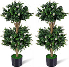 Goplus 3 FT Artificial Double Ball Boxwood Topiary Trees, Set of 2 Faux Bush Plant w/41 Blossoms, Cement-Filled Plastic Pot, Sun-Proof Indoor Outdoor Fake Greenery for Porch Home Decoration (White)