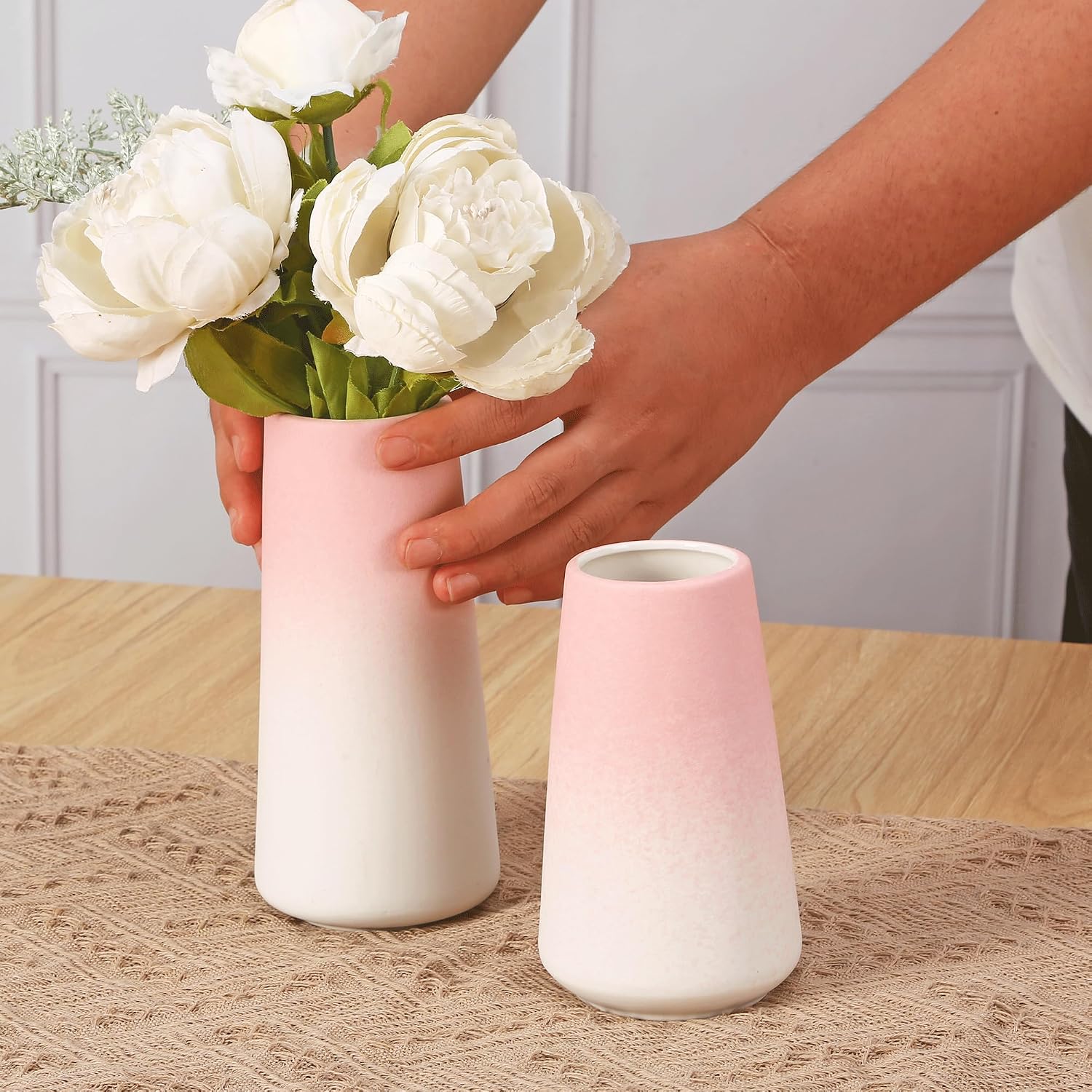 Pink Vase, Small Ceramic Vase, 8 inch Tall Vases for Flowers Pampas Grass Bud Roses Living Room Entry Table Bathroom Home Decor, Modern Style(Pink)