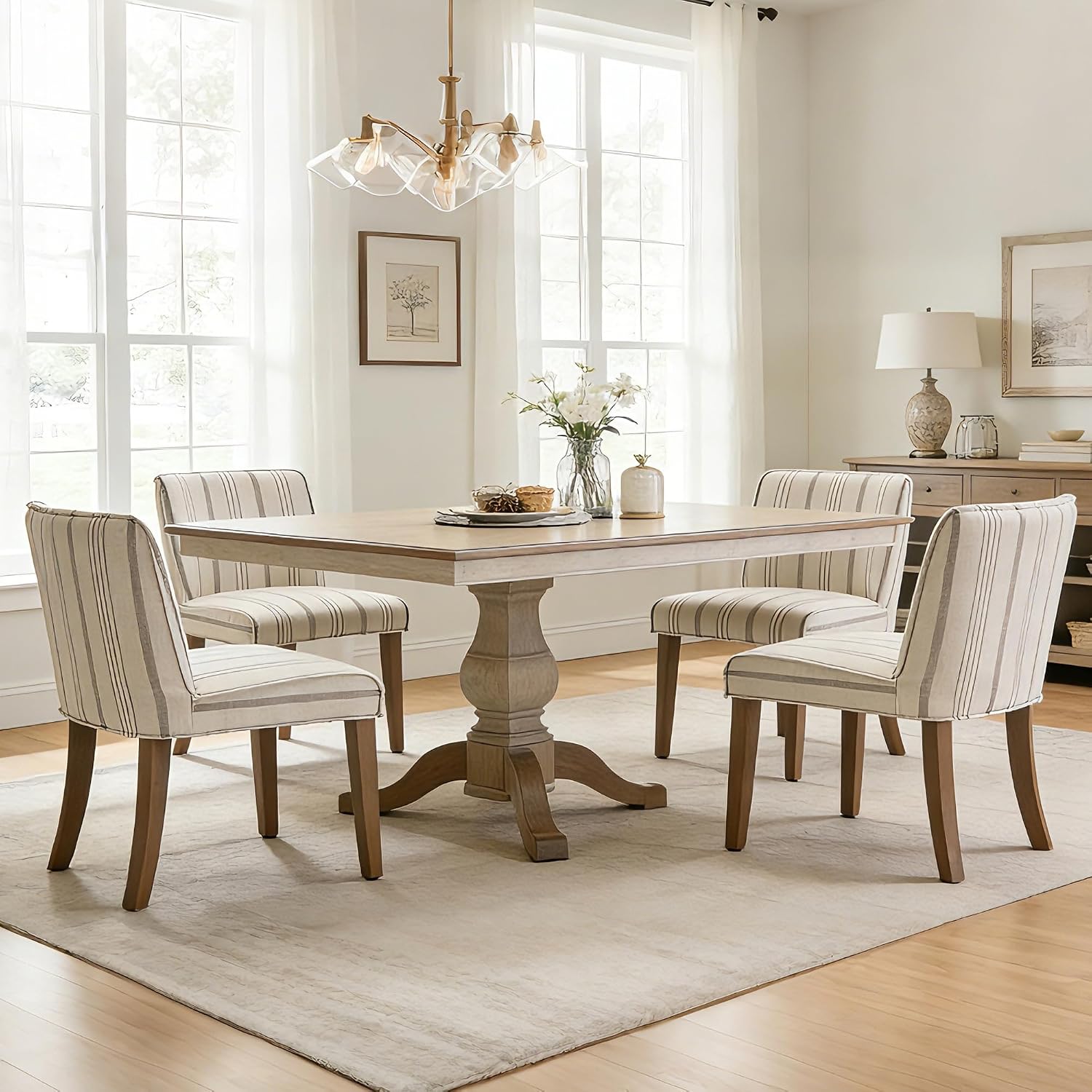 Mid-Century Dining Chairs Set of 4, Linen Fabric Khaki Striped Kitchen Chairs with Walnut Wood Leg Cushioned Back Modern Rustic Side Chairs for Living Room/Kitchen/Dining/Restaurant