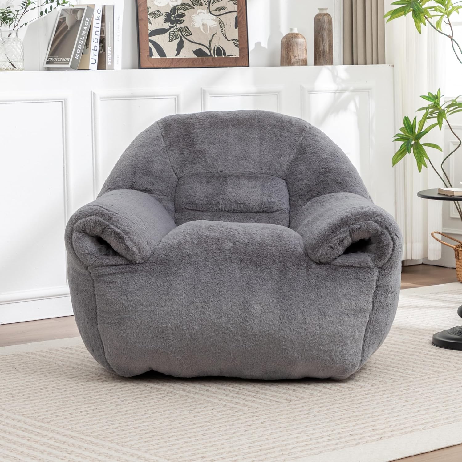 Bean Bag Chair for Adults and Childs with Armrests, High Back Supportive Plush Lounge, Oversized Faux Fur Floor Sofa for Living Room, Bedroom and Dorm (Dark Gray)