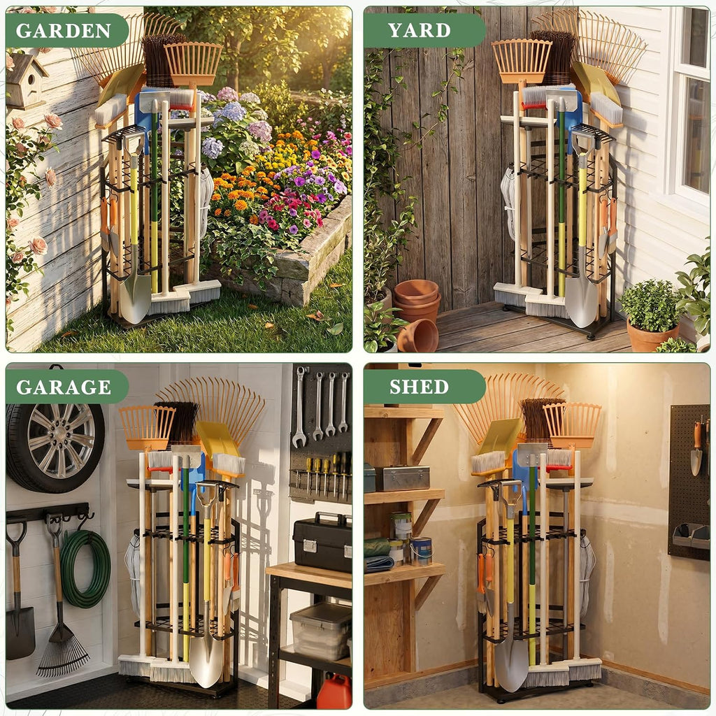 Faesun Garden Tool Organizer for Garage, Heavy Duty Garden Tool Storage Organizer with Secure Slots & Hooks, Freestanding Long Handle Tool Rack for Shovels, Rakes, Brooms, Garage, Shed & Yard