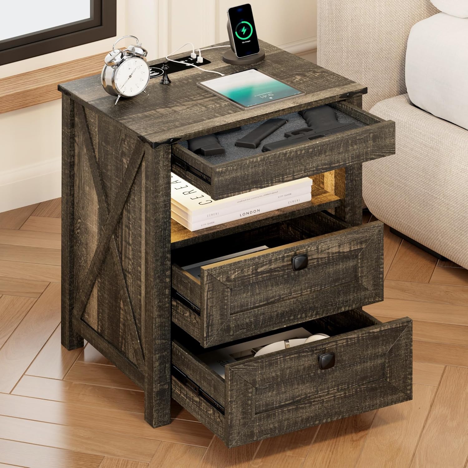 FREDEES LED Nightstand with Gun Drawer, Bedside Table with Charging Station for Bedroom Furniture, Farmhouse Night Stand with 3 Colors Smart Human Sensor Lights for Living Room End Table, Brown