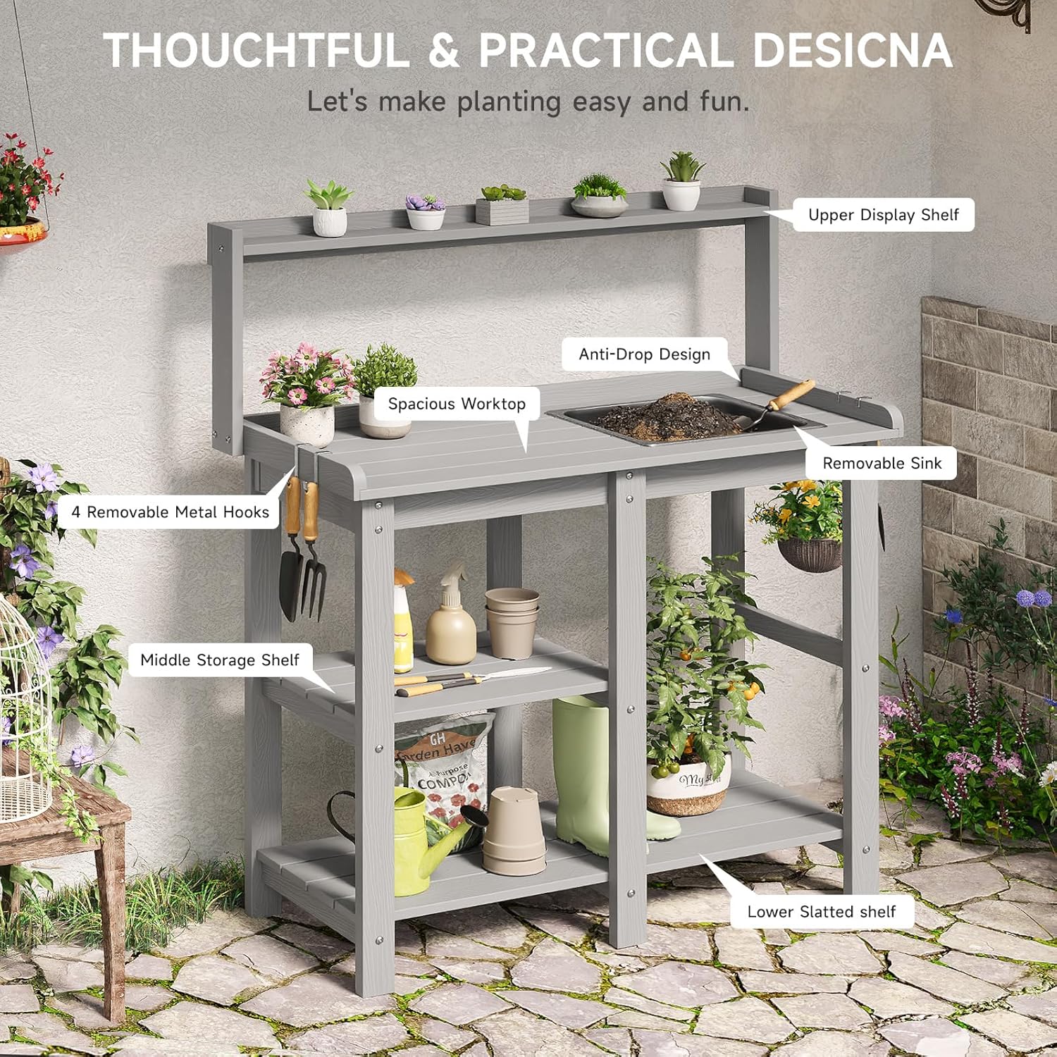 ONBRILL Potting Bench, Outdoor Potting Bench Table with Removable Sink, HDPS Potting Benches for Outside, Garden Table with Storage Shelves & 4 Side Hooks, No Rot, No Fade, No Break, 360lbs Capacity