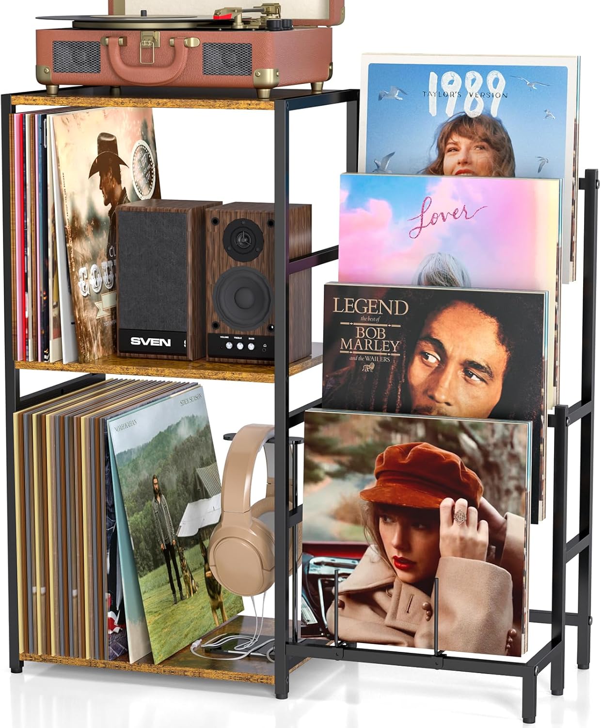 Record Player Stand, Turntable Stand with 4-Tier Vinyl Record Storage, Record Player Table Storage up to 200+ Albums, Record Player Cabinet with Vinyl Display Holder Shelf, vinyl Table for Living Room
