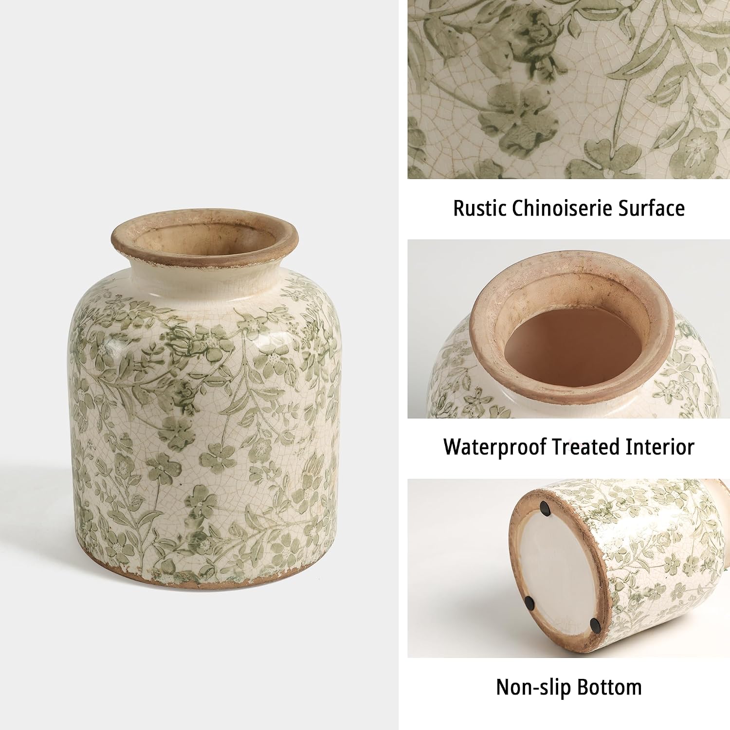 Ronasip Vintage Floral Chinoiserie Ceramic Vase, 6.2” Ice Cracked Hand-Painted Pastel Green Botanical Design, Antique Style Home Decor (Green, 6.2”x5.2”)