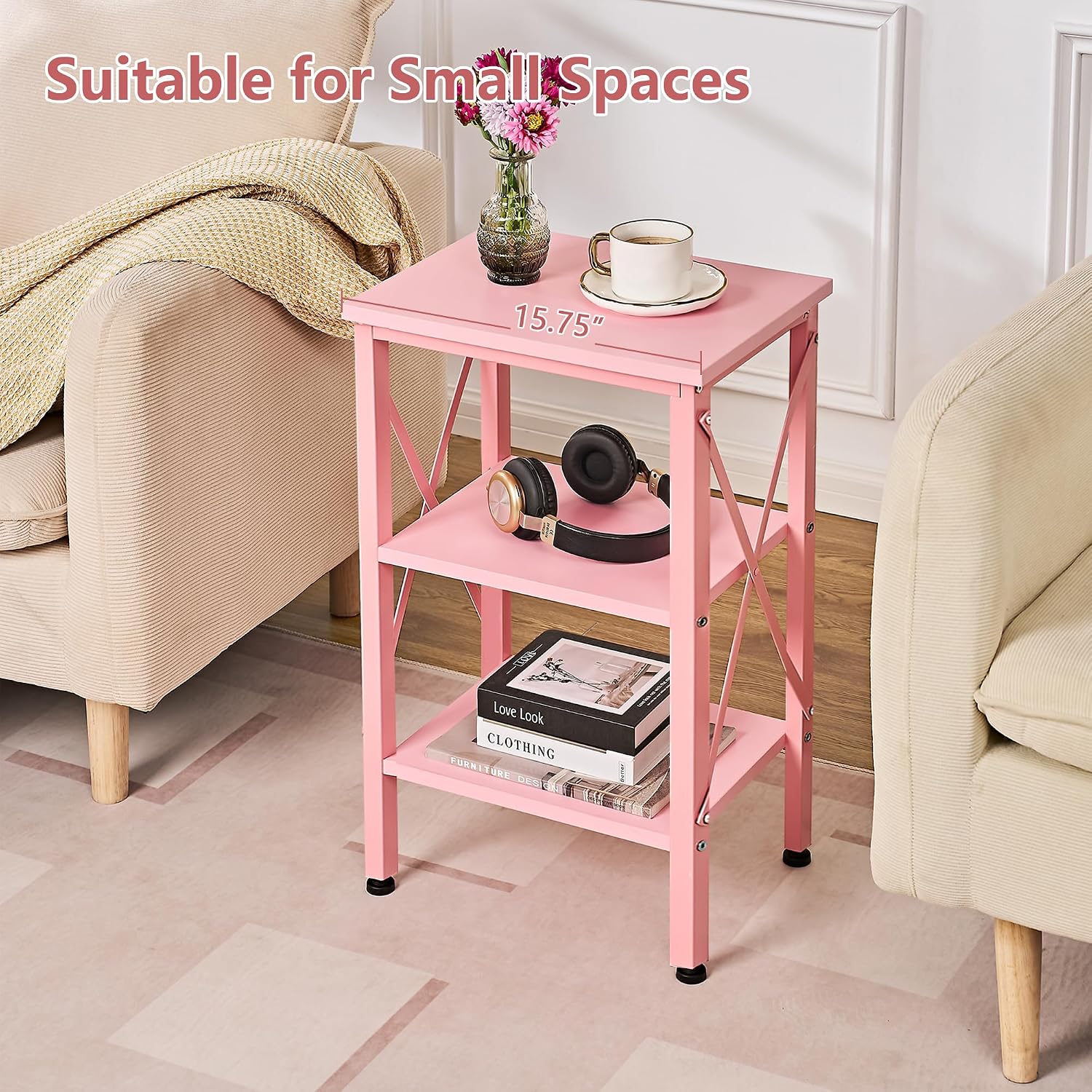 VECELO End Table, 24" Tall Living Room Side Tables, X-Design Reinforced Bedside Table, Nightstands with 3-Tier Storage Shelves for Small Spaces, Office, Bathroom, Bedroom, Pink, 1 Pack