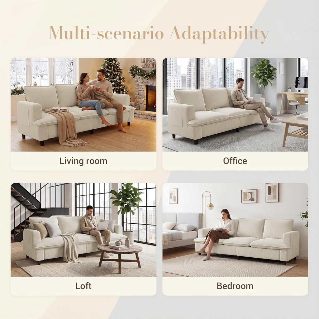 GRUSIGN 3 Seater Couch, 83" Comfy Corduroy Sofa with Deep Seat, Modern Sofa Couch for Living Room, Office, Bedroom, Apartment (Pillows not Included)
