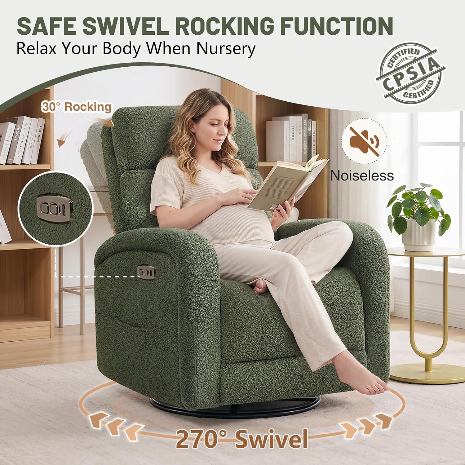 Power Swivel Rocker Recliner Chair for Nursery,Electric Rocking Reclining Chair, Upholstered Glider Nursery Recliner for Living Room, Bedroom, Teddy Green