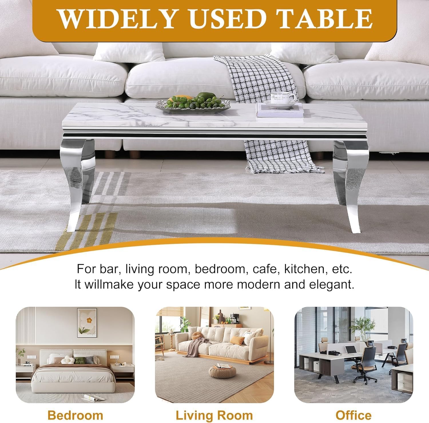 Luxury Modern Faux Marble Coffee Table Set of 3 – White MDF Marble Top with Silver Stainless Steel Base, Includes 1 Coffee Table & 2 End Tables for Living Room