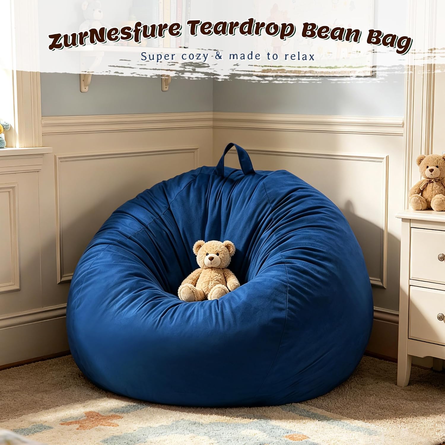 ZurNesfure Bean Bag Chair, Teardrop Large Bean Bag with Filling Blue, 3FT | Bean Bag Chairs for Living Room, Washable Comfy Chair with Handle, Fluffy Bean Bag for Reading Gaming Relaxing