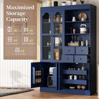 Merax Wood Kitchen Pantry with 4 Drawers, 3 Cabinets and Hutch, Tall Cupboard Dining Storage Cabinet with Door Shelves and Pull-Out Trays for Living Room, Kitchen, Dining Room Blue