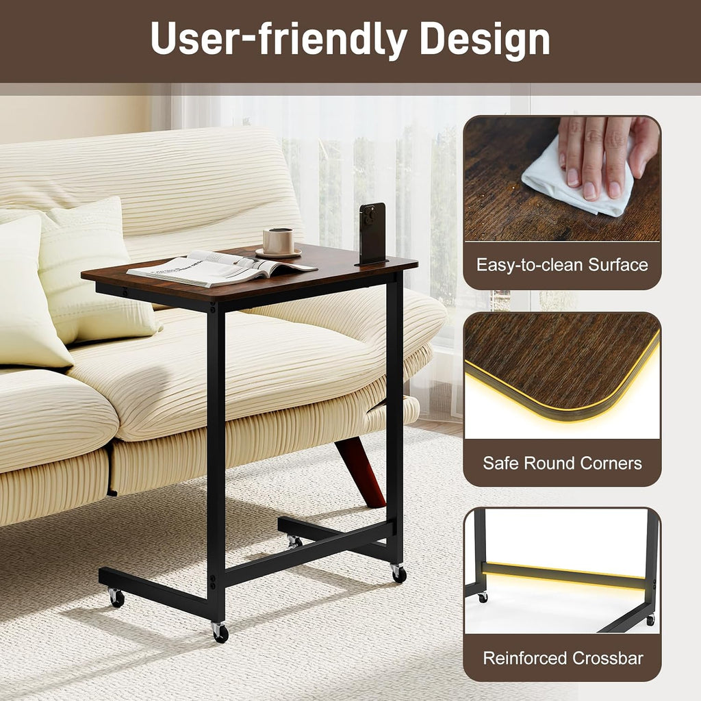 GOFLAME Rolling C Shaped End Table, Couch Sofa Side Table with Wheels, Phone Slot, Industrial TV Tray Bedside Tables, Compact Nightstand for Living Room, Bedroom, Home Office, Rustic Brown (1)