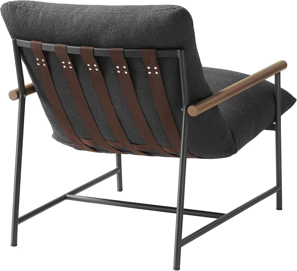 Modway Raya Outdoor Patio Boucle Sling Chair in Charcoal - Comfy Sling Accent Chair - Metal Frame Lounge Chair with Removable Boucle Cushion and Faux Wood Arms for Porch, Deck, Backyard