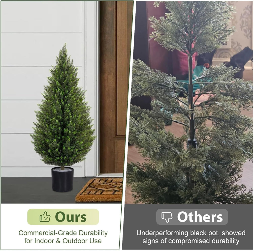 Artificial Cedar Trees 3FT Faux Cedar Topiary Evergreen Plants UV Resistant Outdoor Indoor Fake Cypress Pine Trees with Planter for Front Porch Entryway Patio Garden Home Decor Set of 2
