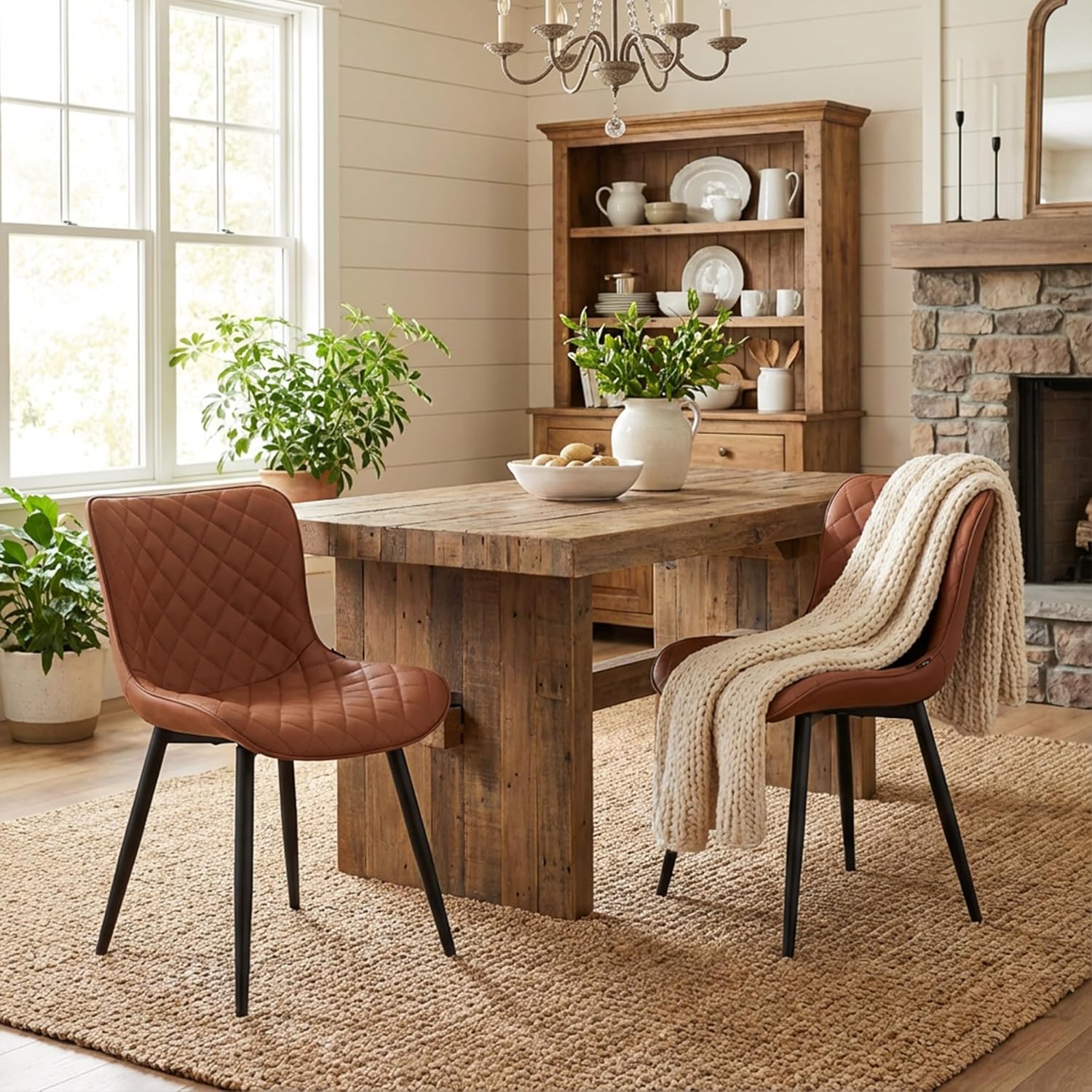 YOUTASTE Mid-Century Modern Dining Chairs Set of 2, Coffee Brown PU Leather Kitchen Accent Chair with Black Metal Legs, for Living Room, Guest Room, Waiting Area