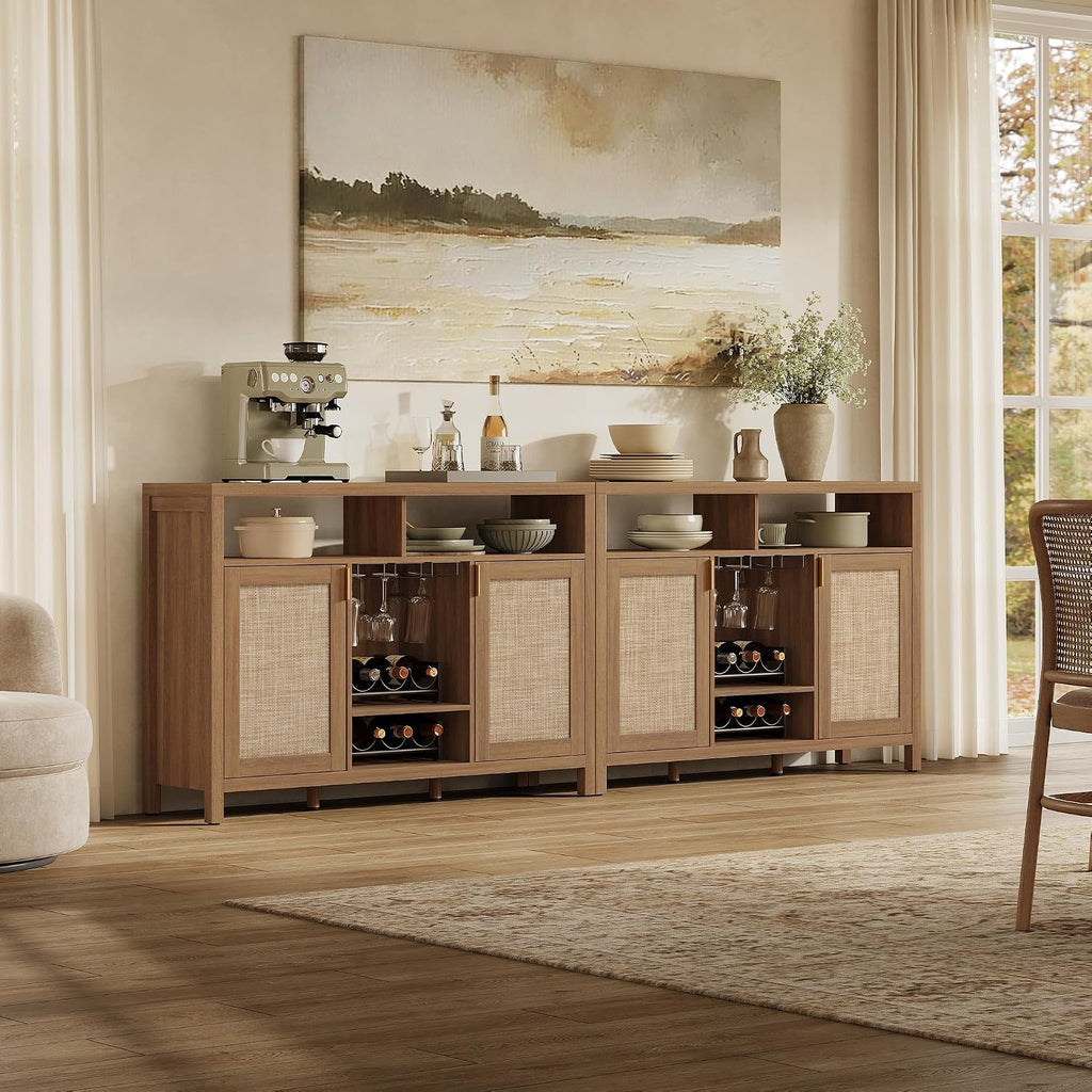 SICOTAS 51" Coffee Bar Cabinet Bar Cart with Storage, Wine Bar Cabinets Boho Home Bar Table, Rattan Sideboard Buffet with 2 Doors, Coffee Station with Wine Racks for Living Dining Room Entryway